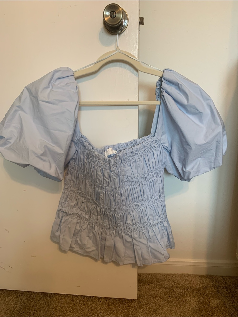 Astr Light Blue Puff Sleeve Smocked Peplum Top